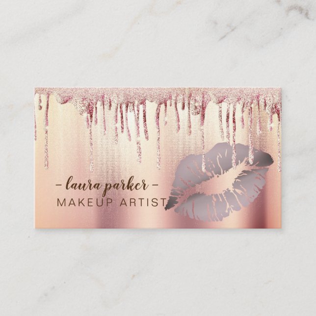 Rose Gold Glitter Dripping Lips Makeup Artist Business Card (Front)