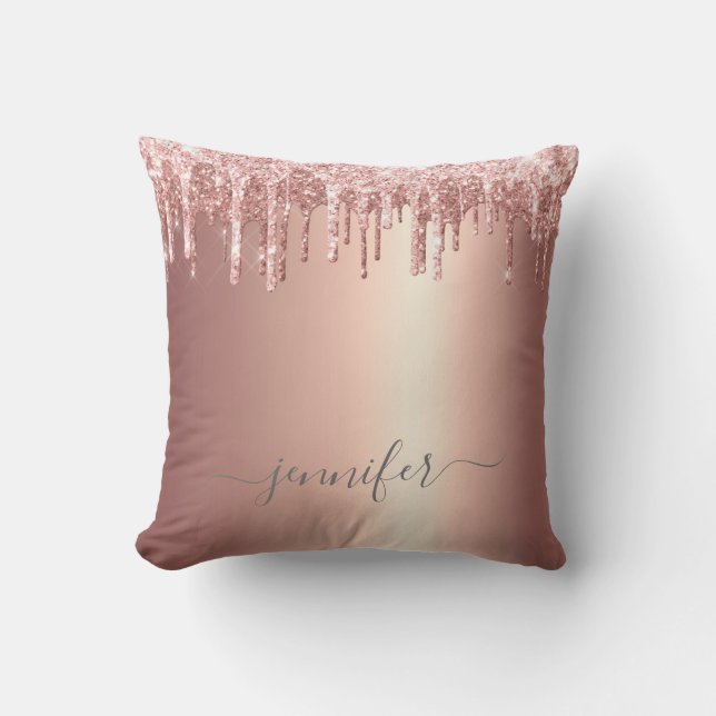 Rose Gold Glitter Dripping Monogram Throw Cushion (Front)