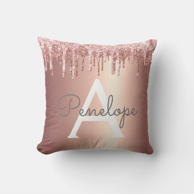 Rose Gold Glitter Dripping Monogram Throw Cushion (Front)