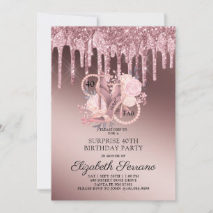 Rose Gold Glitter Drips 40th Surprise Birthday  Invitation