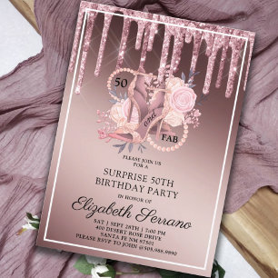 Rose Gold Glitter Drips 50th Birthday Surprise Invitation