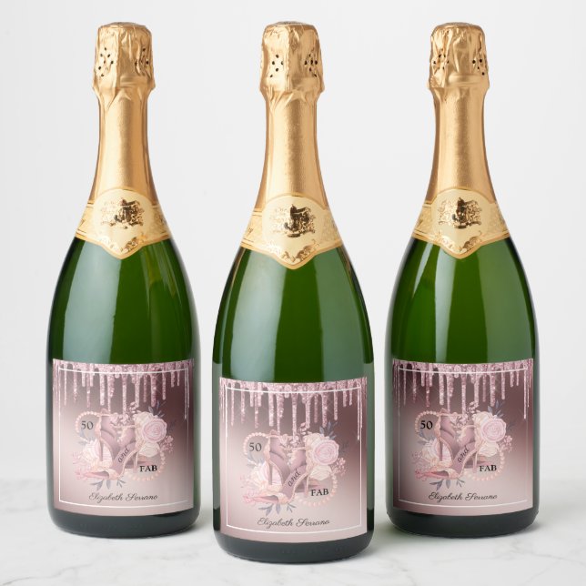 Rose Gold Glitter Drips 50th Birthday Surprise Sparkling Wine Label (Bottles)