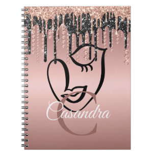 Rose Gold Glitter Drips Abstract Lashes Monogram Notebook