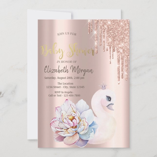 Rose Gold Glitter Drips Baby Swan Baby Shower Invitation (Front)