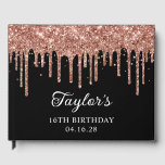 Rose Gold Glitter Drips Black 16th Birthday Guest Book<br><div class="desc">Create your own personalised any year or milestone birthday party guest book for her special event. Customise the font style, colour and drop shadow. Faux sparkly rose gold dripping glitter digital art graphic image over a customisable solid colour black background. The sparkle and glitter elements in this modern girly design...</div>