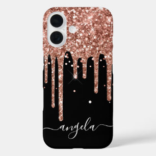 Rose Gold Glitter Drips Black Glam Signature iPhone 16 Case
