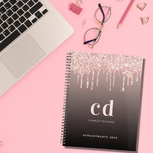 Rose gold glitter drips black monogram 2024 planner