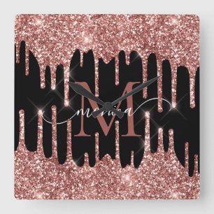 Rose Gold Glitter Drips Black Monogram Personalize Square Wall Clock
