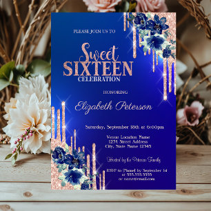 Rose Gold Glitter Drips Blue Flowers Sweet 16  Invitation
