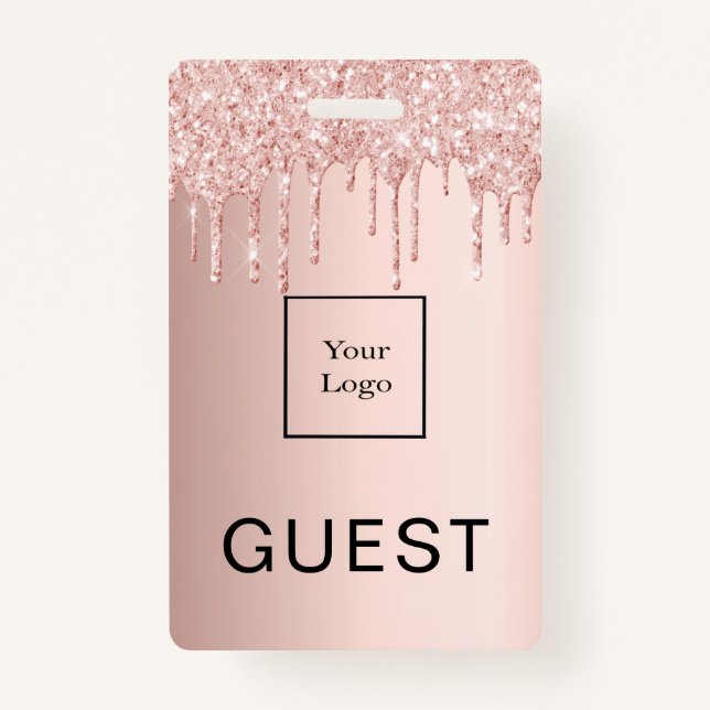 Rose gold glitter drips blush business logo guest ID badge (Front)