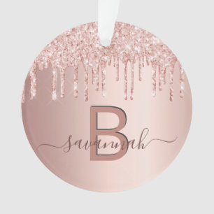 Rose gold glitter drips blush pink monogram ornament