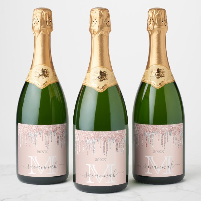 Rose gold glitter drips blush silver monogram sparkling wine label (Bottles)