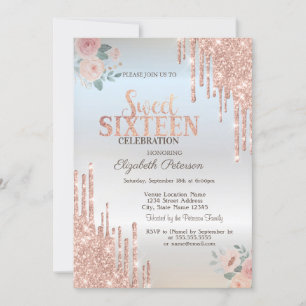 Rose Gold Glitter Drips Boho Roses Silver Sweet 16 Invitation