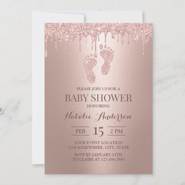 Rose Gold Glitter Drips Boy Girl Feet Baby Shower Invitation (Front)