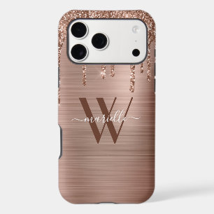 Rose Gold Glitter Drips Brushed Metal Monogram