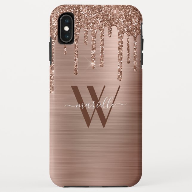 Rose Gold Glitter Drips Brushed Metal Monogram Case-Mate iPhone Case (Back)