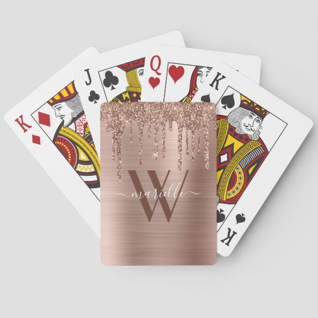 Rose Gold Glitter Drips Brushed Metal Red Monogram Playing Cards (Back)