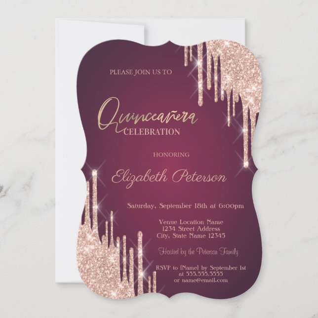  Rose Gold Glitter Drips Burgundy Quinceanera Invitation (Front)