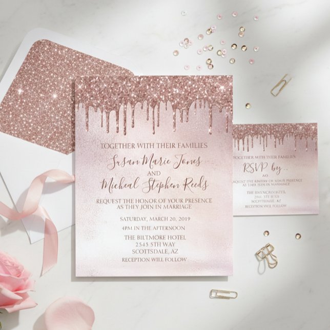Rose Gold Glitter Drips  Calligraphy Wedding Invit Flyer (Creator Uploaded)
