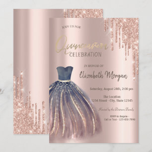 Rose Gold Glitter Drips Chic Dress Quinceañera Invitation