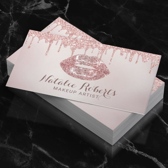 Rose Gold Glitter Drips Chic Lips Makeup Artist Business Card (Creator Uploaded)