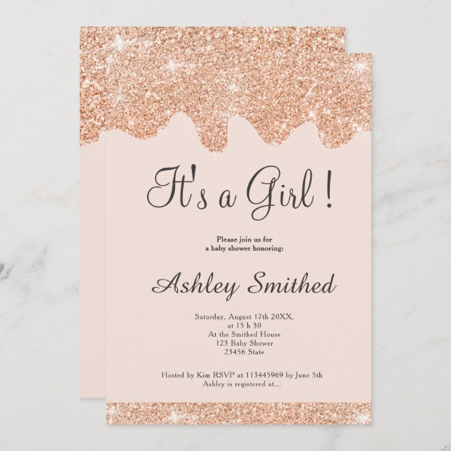 Rose gold glitter drips chic pink girl baby shower invitation (Front/Back)