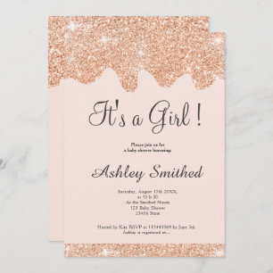 Rose gold glitter drips chic pink girl baby shower invitation