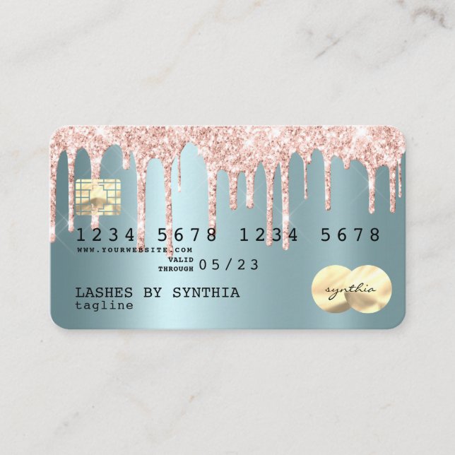 Rose gold glitter drips Credit Card gold hologram (Front)