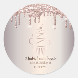 Rose Gold Glitter Drips Cupcake Bakery     Classic Round Sticker