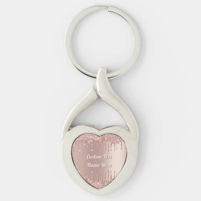 Rose Gold Glitter Drips Custom Text Keychain Gift (Front)
