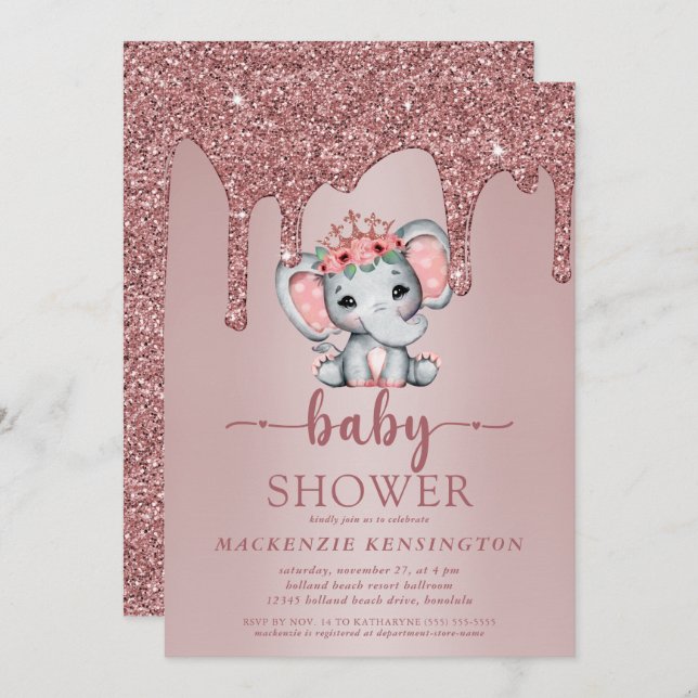 Rose Gold Glitter Drips Cute Elephant Baby Girl Invitation (Front/Back)