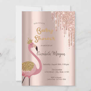 Rose Gold Glitter Drips,Cute Pink Flamingos Invitation