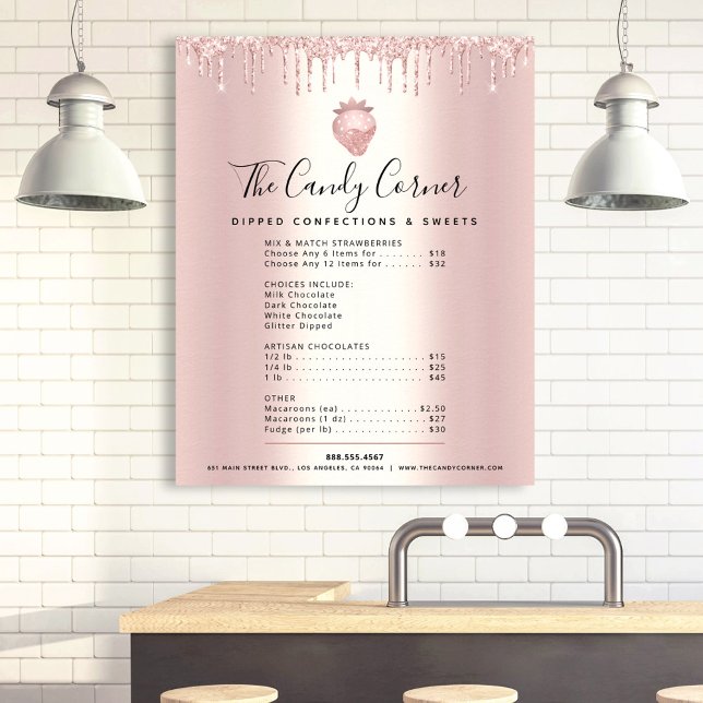 Rose Gold Glitter Drips Dessert Menu Price List Poster (Creator Uploaded)