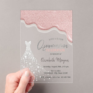 Rose Gold Glitter Drips Diamond Dress Quinceañera Acrylic Invitations