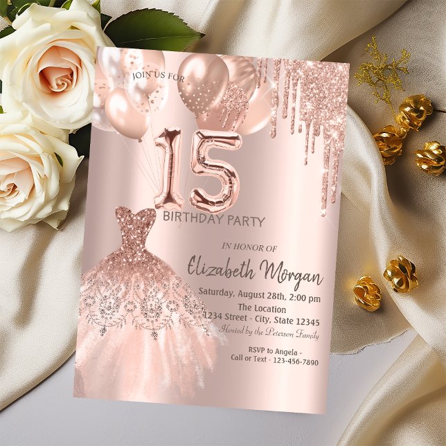 Rose Gold Glitter Drips Dress Balloons Quinceanera Invitation (Creator Uploaded)