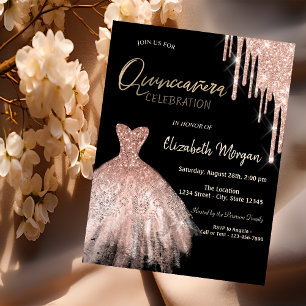 Rose Gold Glitter Drips Dress Black Quinceañera  Invitation