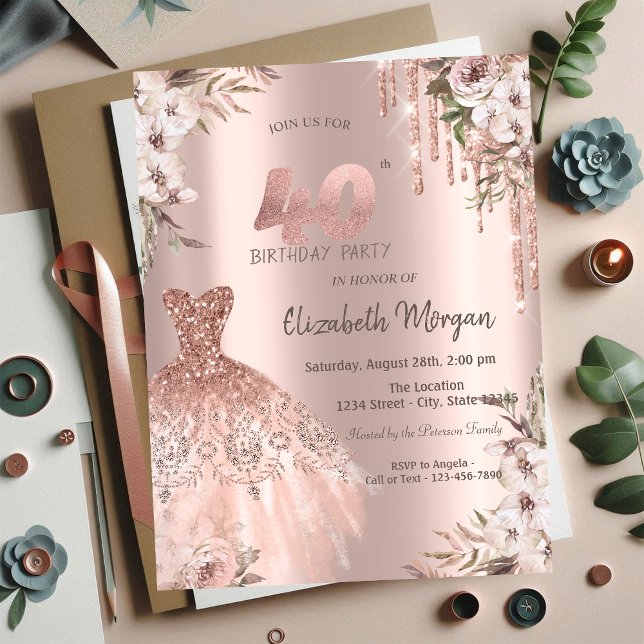Rose Gold Glitter Drips Dress Floral 40th Birthday Invitation (Creator Uploaded)
