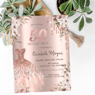Rose Gold Glitter Drips Dress Floral 50th Birthday Invitation
