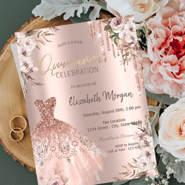 Rose Gold Glitter Drips Dress Flowers Quinceañera Invitation (Creator Uploaded)