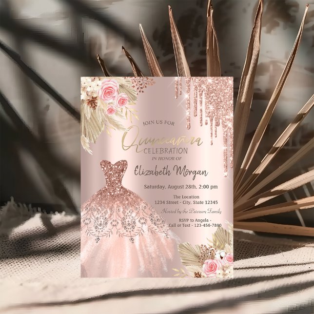 Rose Gold Glitter Drips Dress Flowers Quinceañera Invitation (Creator Uploaded)
