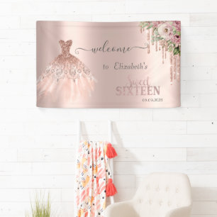 Rose Gold Glitter Drips,Dress Flowers Sweet 16    Banner