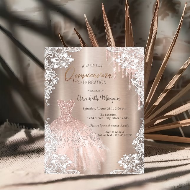 Rose Gold Glitter Drips Dress Lace Quinceañera  Invitation (Creator Uploaded)