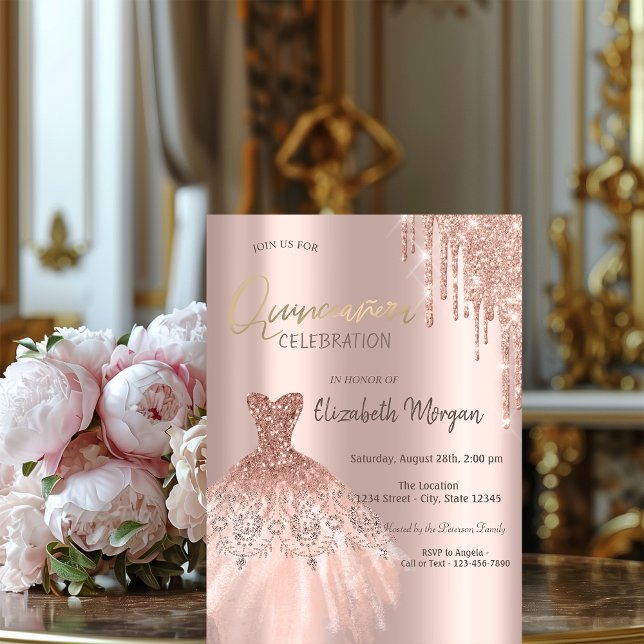 Rose Gold Glitter Drips Dress Quinceañera Invitati Invitation (Creator Uploaded)