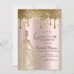 Rose Gold Glitter Drips Dress Quinceanera Invitation