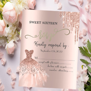 Rose Gold Glitter Drips Dress Sweet 16 RSVP Invitation
