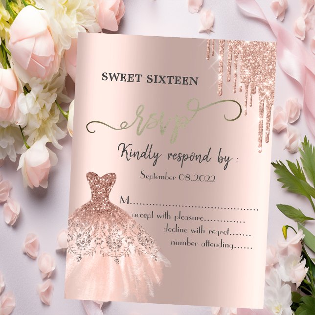 Rose Gold Glitter Drips Dress Sweet 16 RSVP   Invitation (Creator Uploaded)