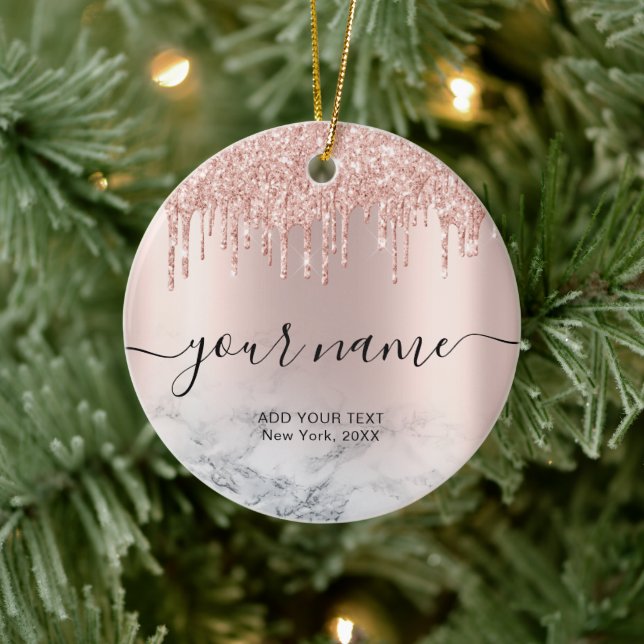 Rose Gold Glitter Drips Elegant Chic Script Name Ceramic Ornament (Tree)