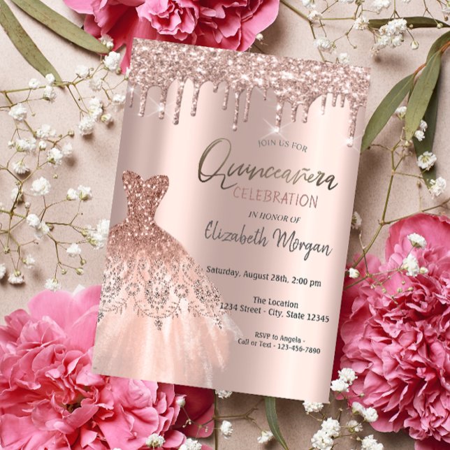 Rose Gold Glitter Drips Elegant Dress Quinceañera Invitation (Creator Uploaded)