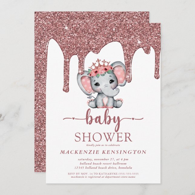 Rose Gold Glitter Drips Elephant Girl Baby Shower Invitation (Front/Back)