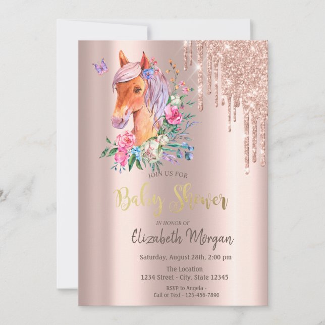 Rose Gold Glitter Drips Floral Pony Baby Shower Invitation (Front)